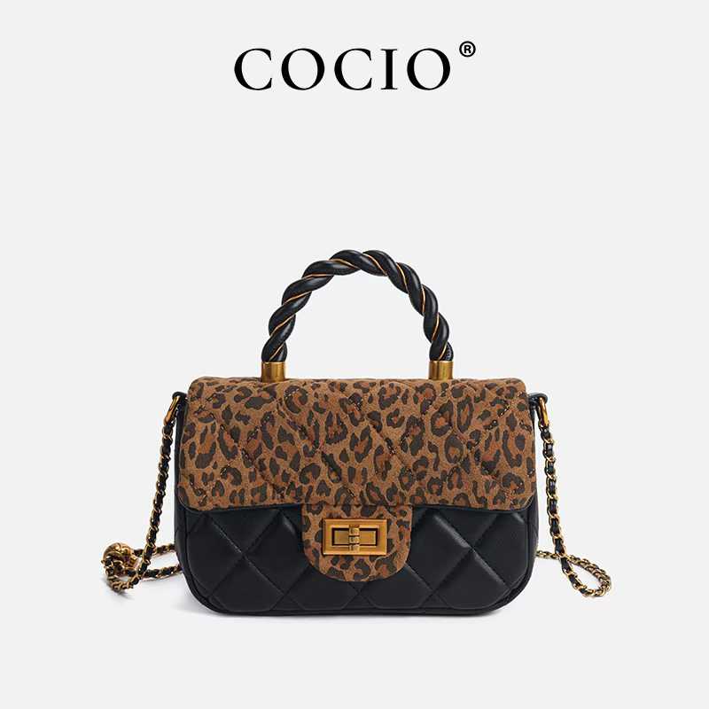 COCIO designer bag 2025 genuine leather new winter trendy and versatile leopard print diamond grid large capacity commuting tote bag for woman khaki b