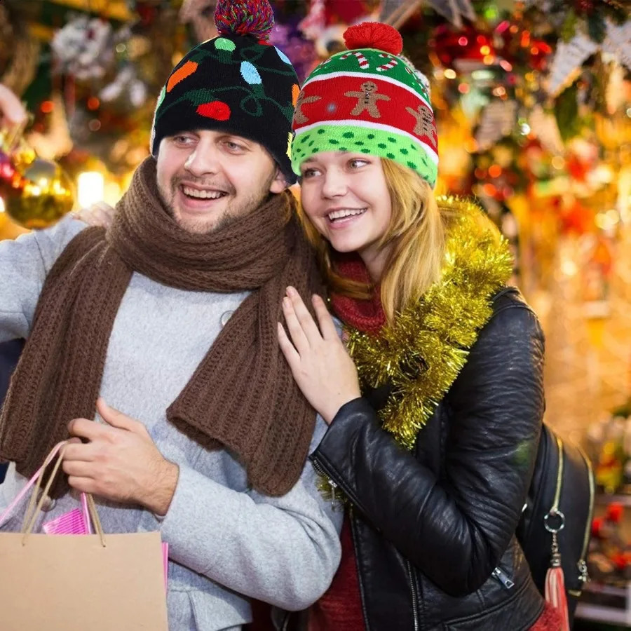 2 Pack Christmas LED Lightup Knitted Beanie Hat Colorful Flashing Holiday Xmas Christmas Party Supplies for Festive Events Outd 251023