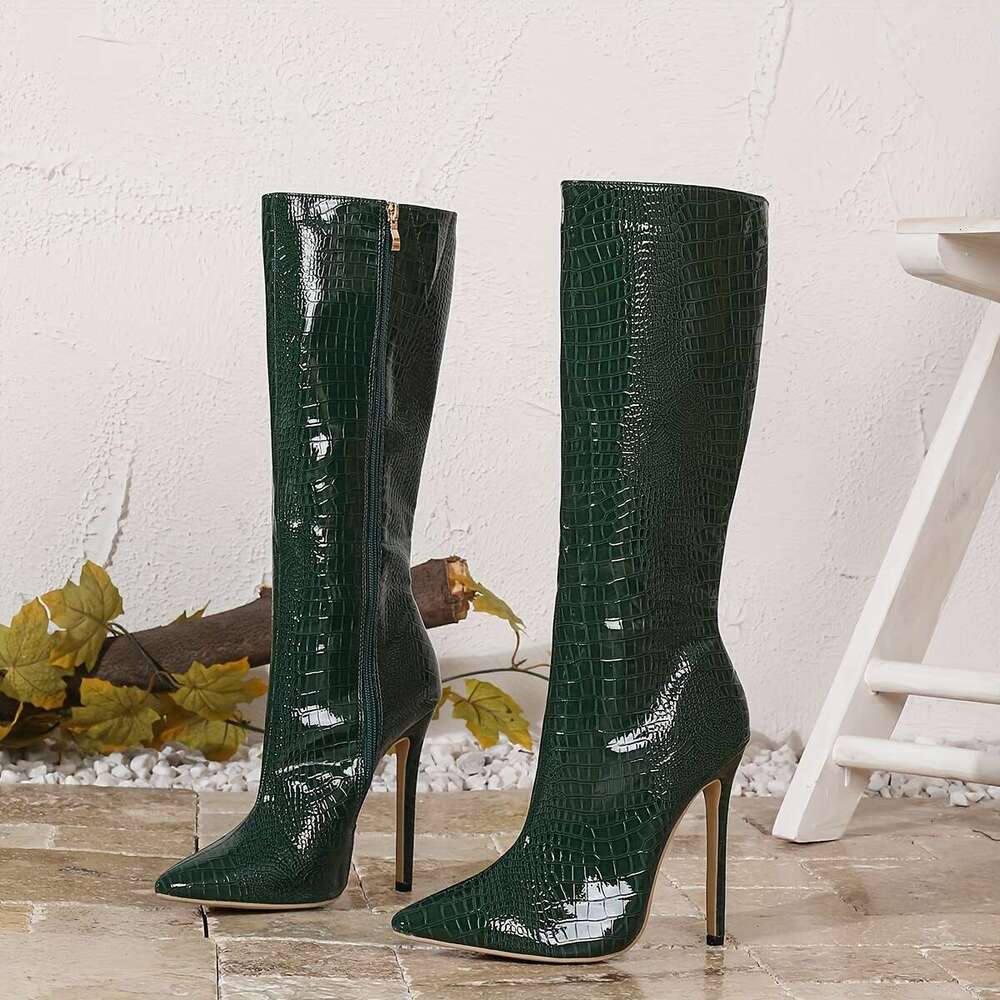 1Pr Elegant Crocodile Pattern Knee-High For Women All-Season Zippered Stiletto Heels With Pointed Toe, Polyurethane Upper, Fabric Lining, Rubber Sole 