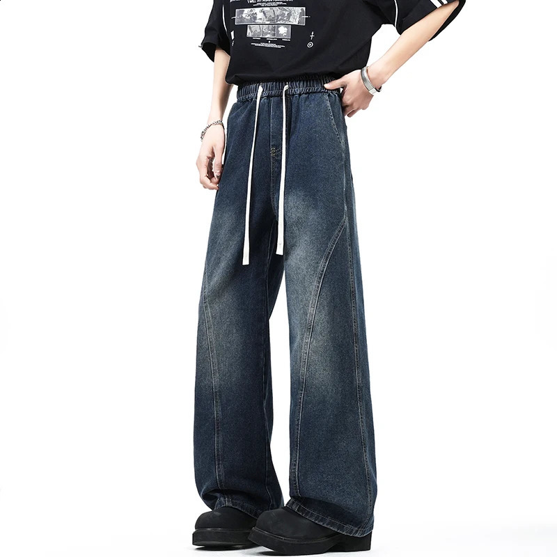 2025 Autumn Wide Leg Jeans Washed High Street 190 Tall Men Elastic Waist 115CM Long Length Loose Comfortable Casual 251018