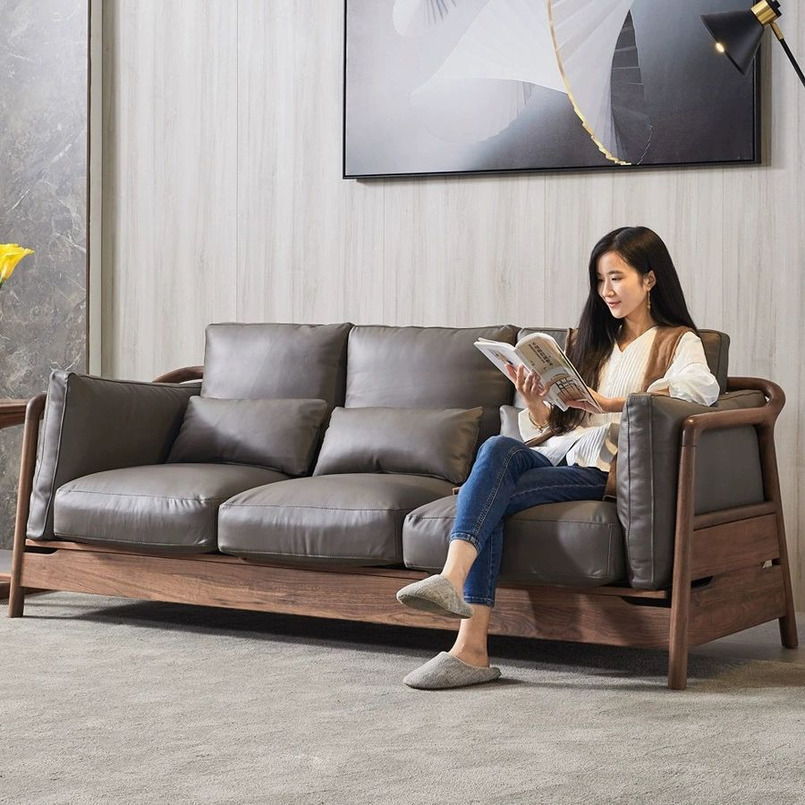 Nordic Solid Black Walnut Combination Sofa Minimalist Home Living Room Natural Wood Furniture Three-Seater