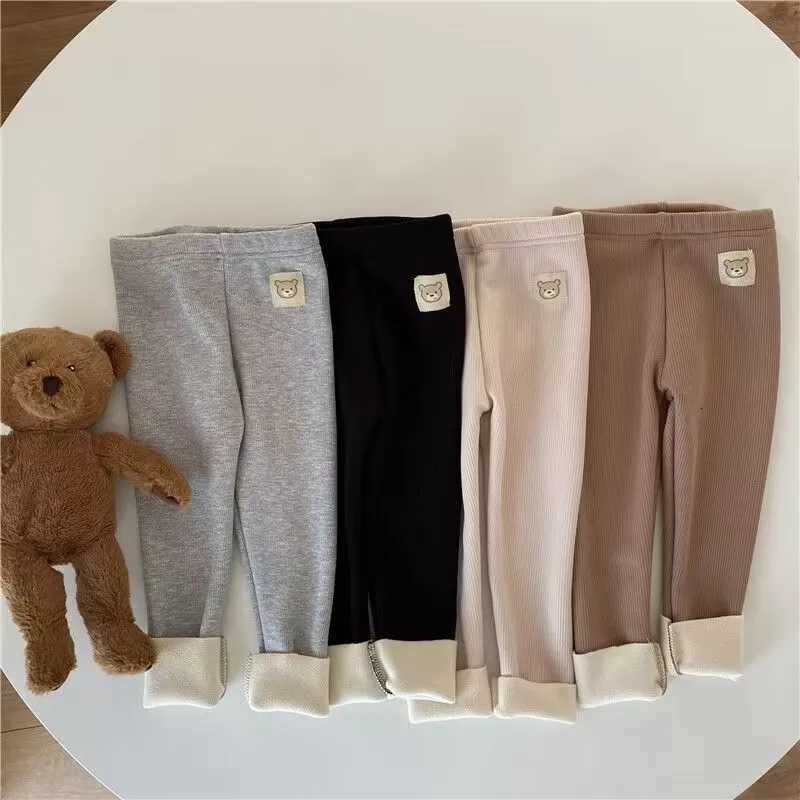 2025 Autumn Winter New Kids Leggings Thickened Fleece Lined Warm Cartoon Bear Patch Toddler Children BottomsT251024