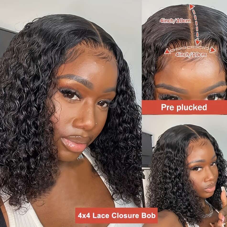 4x4 Brazilian Deep Wave Curly Bob Wig - Pre-Plucked Human Hair with Lace Closure, 150% Density, Natural Black Women, Versatile Style for All Ethniciti