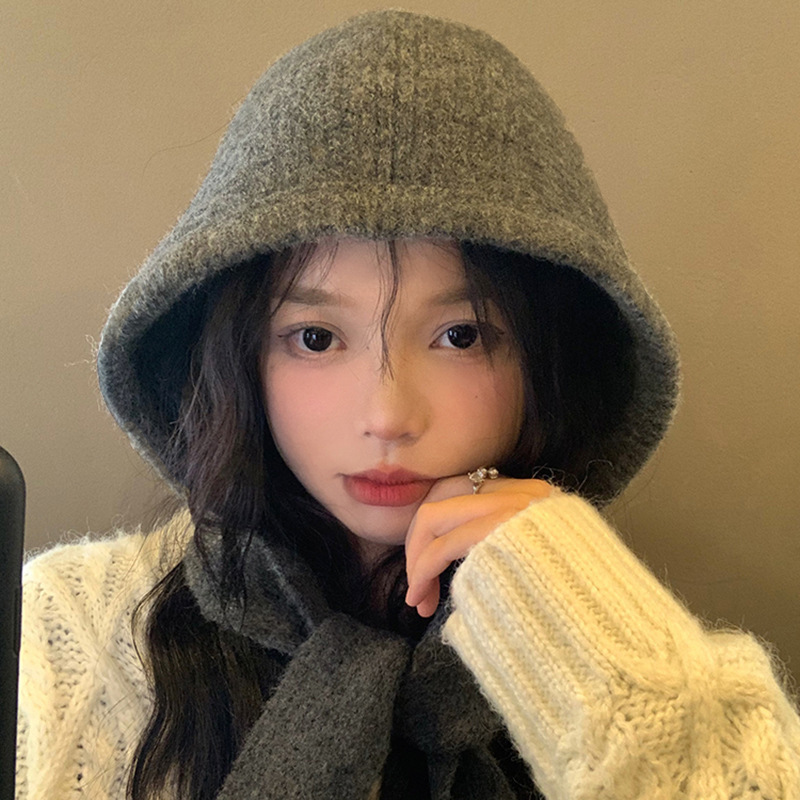 Large Head Circumference Raffia Scarf for Women, Autumn and Winter New Knitted Hooded Integrated Warm Ear Protection Wool Hat