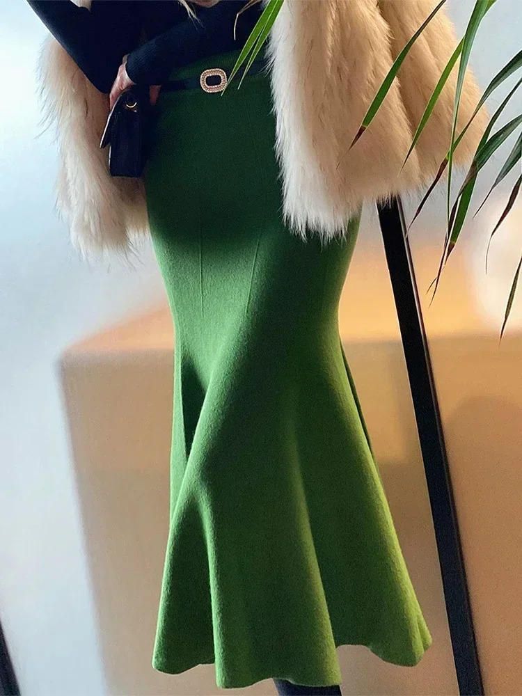 Womens Skirts Autumn Winter Fashion Knitted Long for Women Green Vintage Slim Office Lady ALINE Fishtail Skirt 251017