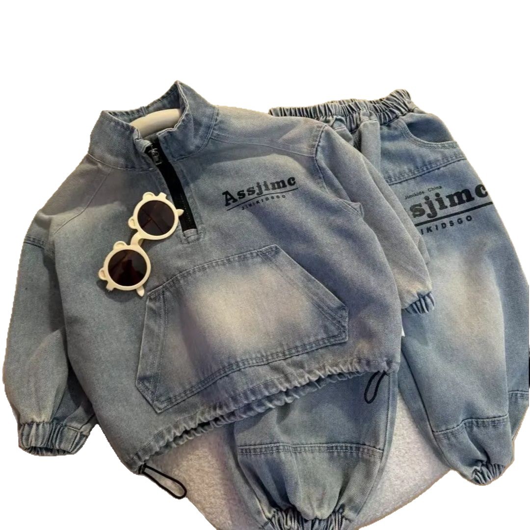 Fashion Children's Clothing 2025 Trendy Korean Boys Denim Set, Cool Denim Jacket with Pants 2-Piece Outfit, Spring Fall Fashion