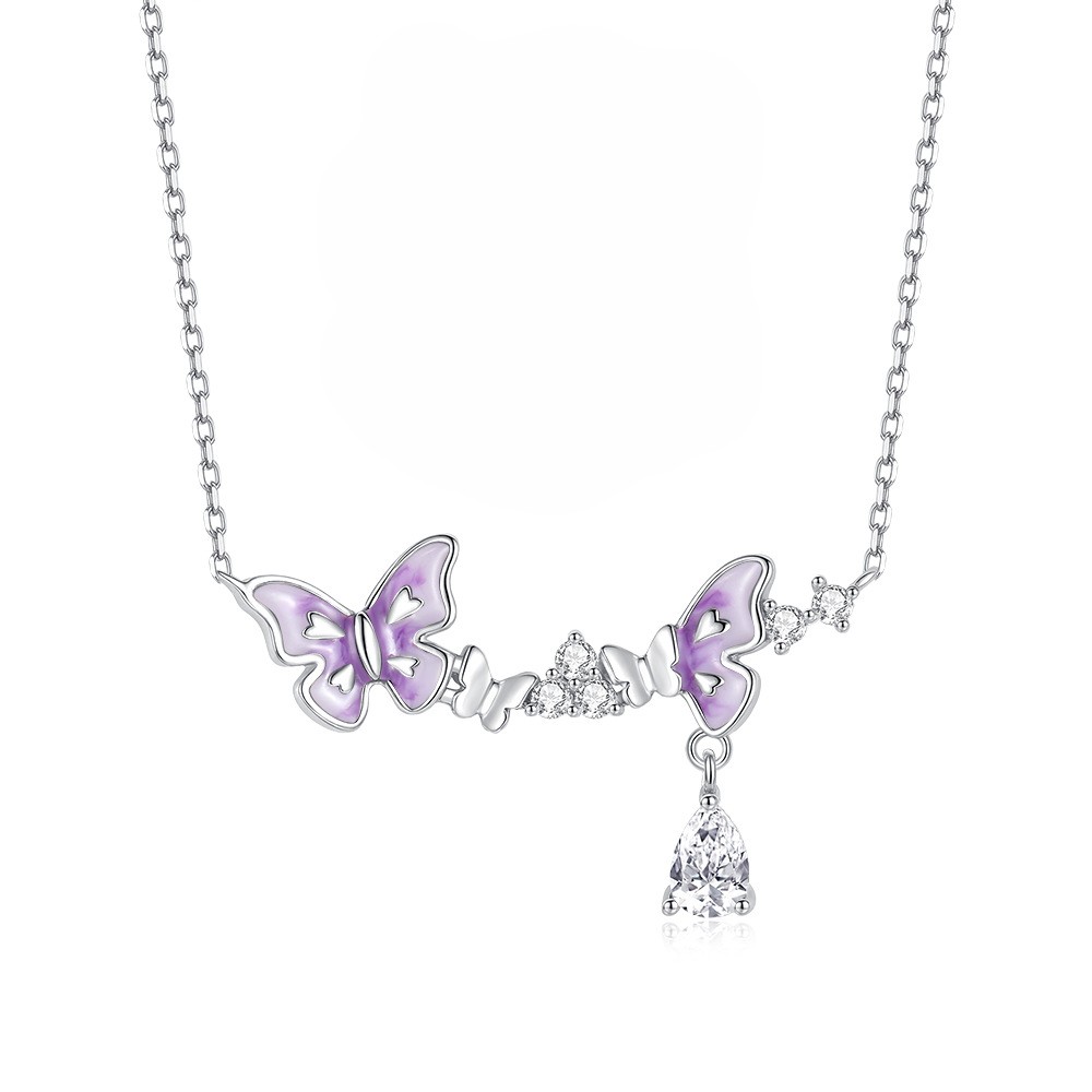 TaiYang New S925 Sterling Silver Purple Butterfly Dream Necklace, Fluorescent Glow Fringe Pendant with Ethereal Fairy Aesthetic