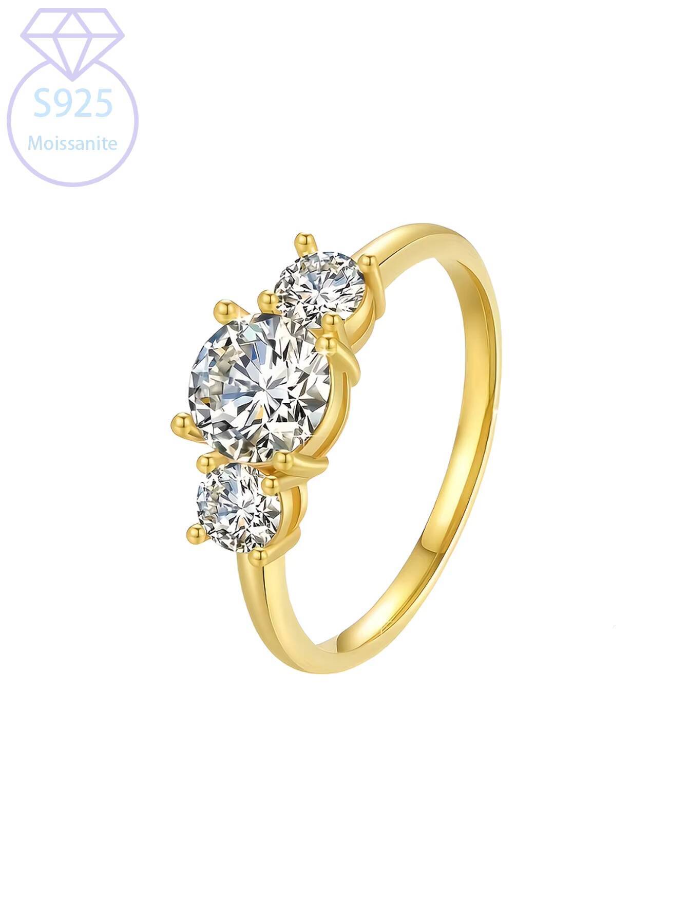18K Gold Plated Clear Moissanite Ring Waterproof Round Three Cubic Wide Band Ring Trendy Style for Gifts