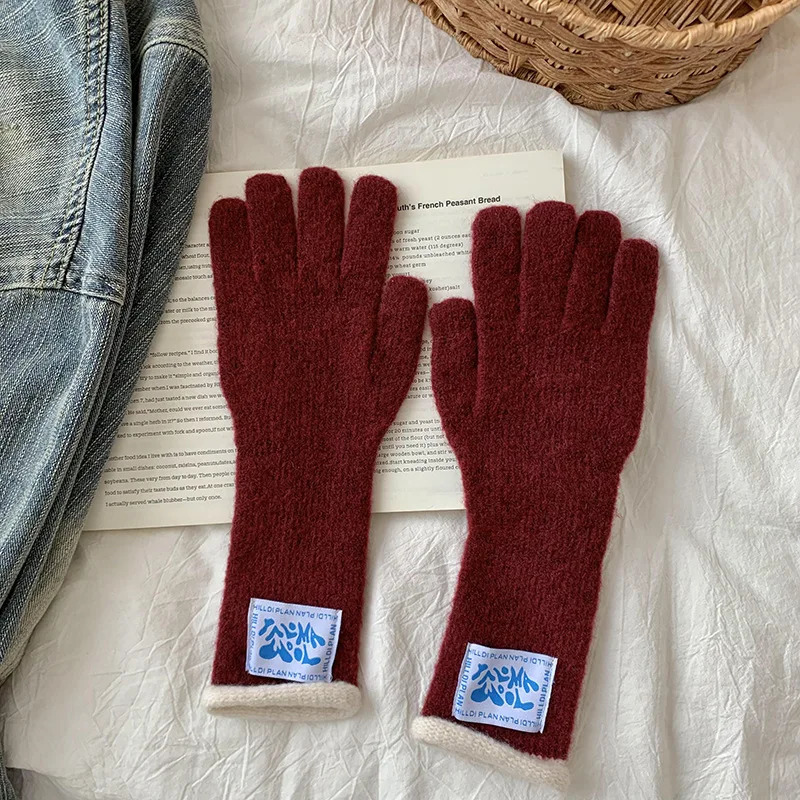 Korean midlength label curly warm gloves for women dopamine colorblocking knitted touch screen student fivefinger gloves 251023