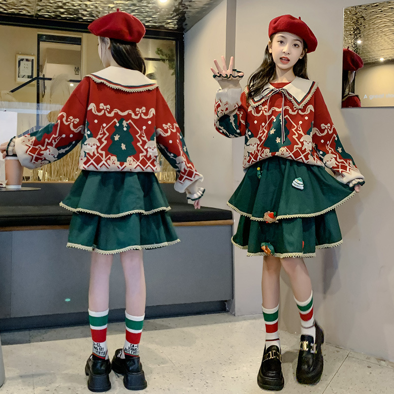 Girl Fashion Design Autumn/Winter Red Christmas Sweater Set New Fashionable Big Kids Winter Cake Skirt Two Piece Set