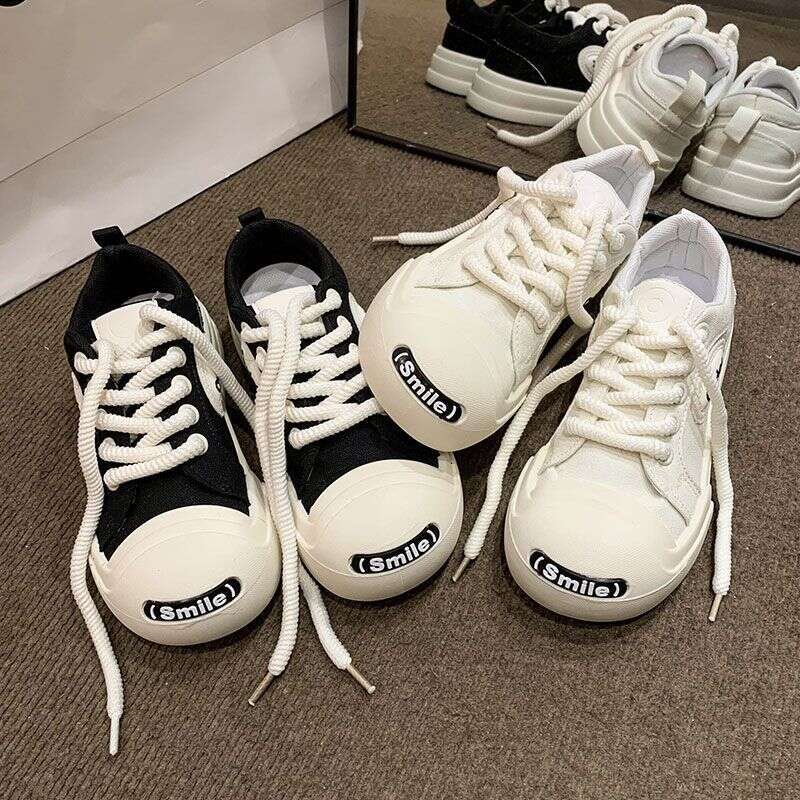 Niche Open-Toe Smiley Face White Sneakers for Women 2025 Spring/Summer New Thick-Soled Canvas Ugly-Cute Big-Head Board Shoes