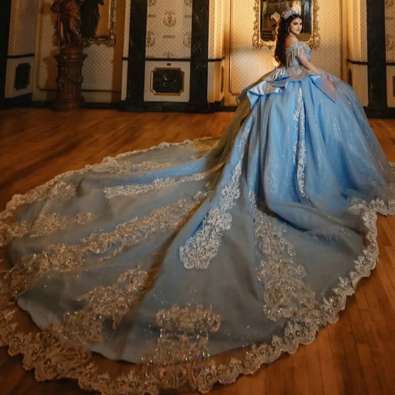 Light Blue Crystal Beading Tassel Quinceanera Dresses Ball Gown Off The Shoulder Appliques Lace Sweet 15 Anos Mexican