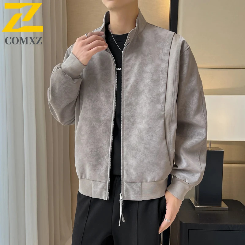 COMXZ Men Suede Jacket Lightweight American Trendy Comfort Leather Jacket Casual Stand Collar Daily Windproof Autumn Clothing 251023