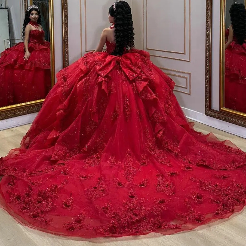 Red Appliques Lace Ruffles Quinceanera Dresses Ball Gown Sweetheart Sleeveless Bow Sweet 15 Anos Mexican