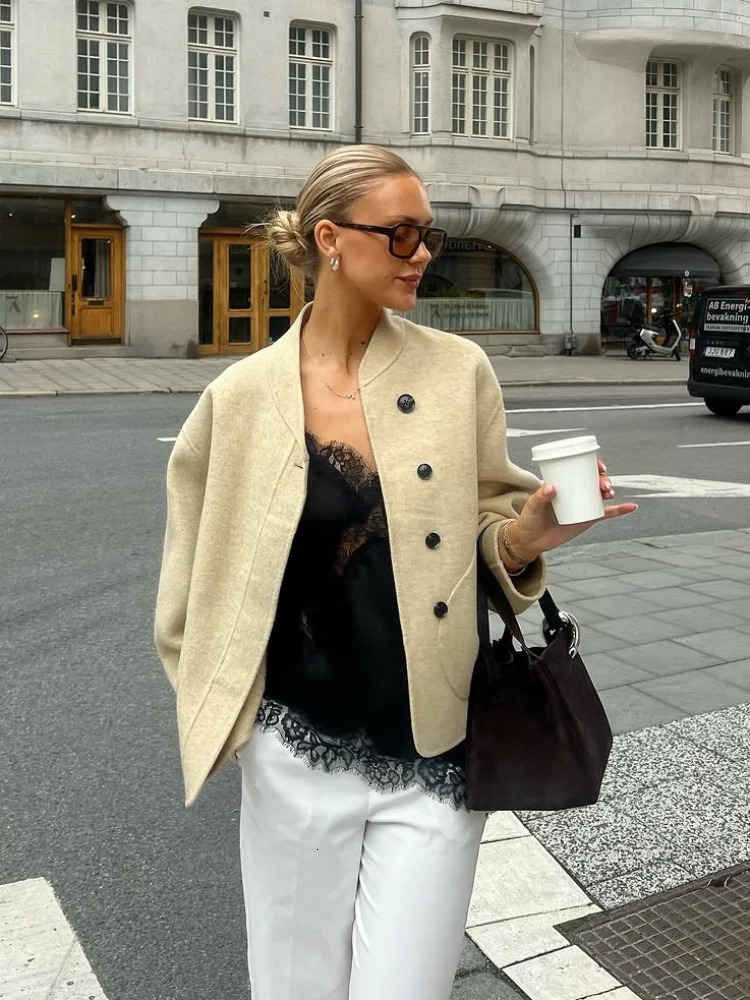 Casual Yellow Woolen Jacket Women Round Neck Single Breasted Full Sleeve Loose Coat Autumn Lady Daily Commute Street Outerwears 251013