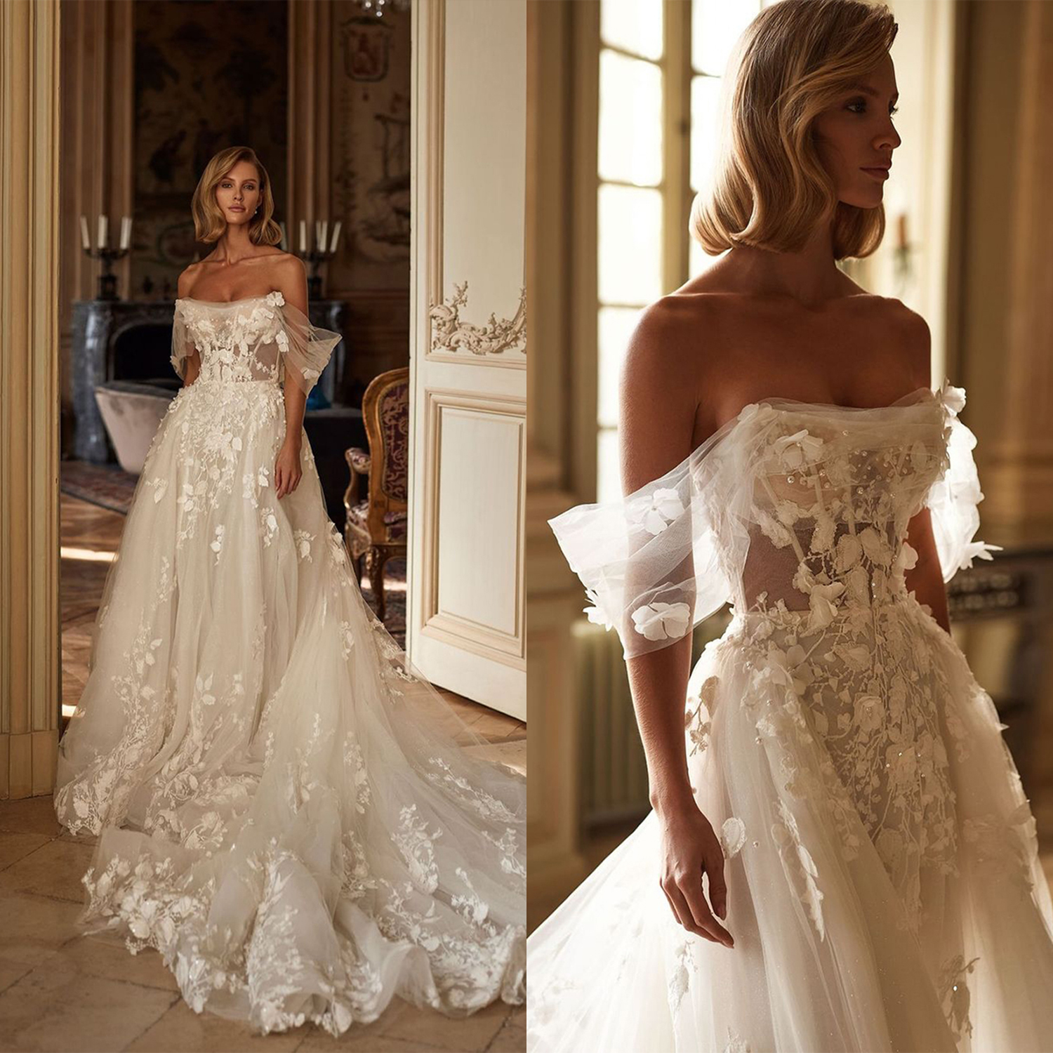 3D Flower Lace Wedding Dresses A Line Off Shoulder Pearl Beaded Bridal Gowns Sweep Train Custom Made Garden Castle Dresses for Special Occasion