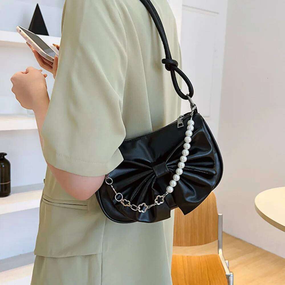 Trendy Pearl Bow Shoulder Underarm Daily Commuting Casual Handbag Solid Business Women's Bag