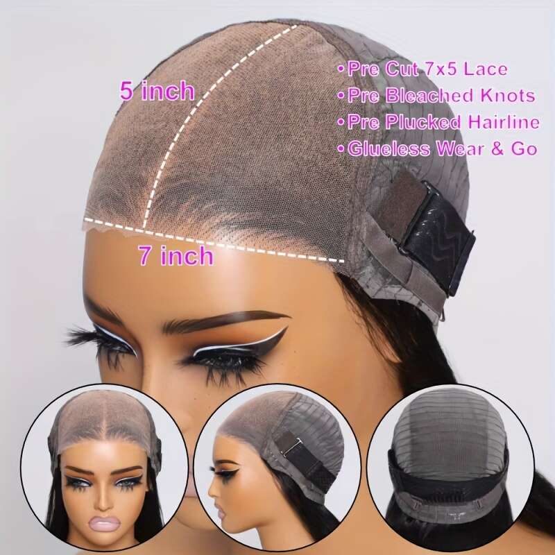 Klaiyi 7x5 Glueless Bob - 150% Density Virgin Human Hair, Pre-Cut Pre-Bleached Chesut Brown Yaki Straight 10-14 Inch, Beginner-Friendly Natural Look f