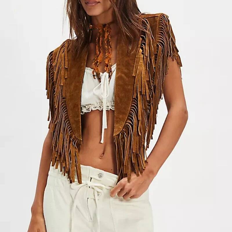 Women Tassel Vest Y2K Sleeveless Fringe Wide Eyes Suede Collar Shawl Open Front Boho Western Jacket Cardigan dongdumaoyi