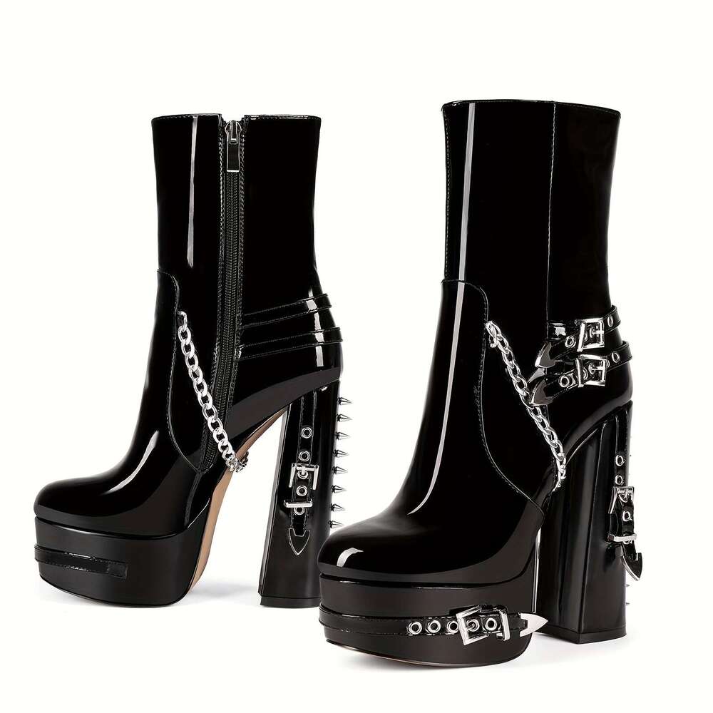 Black Chain Rivet Waterproof Platform Thick Heel Short Boots