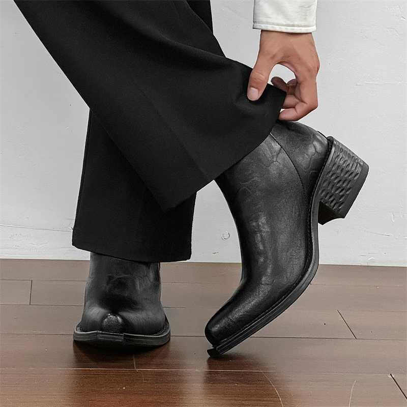 New Mens Retro SolidColor Leather Ankle Boot ThickHeeled WesternStyle Zipper Casual Boot Elegant And Comfortable Party Boots W251024