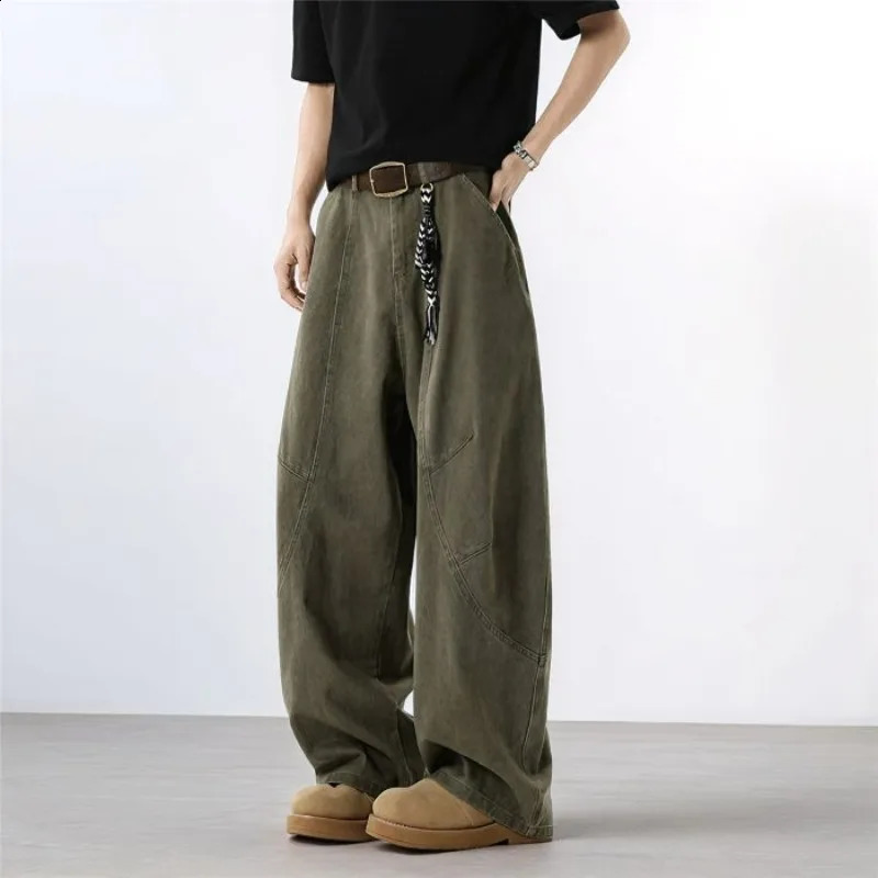 Mens Autumn Retro Loose Straight Work Jeans Handsome Casual Trendy AllMatch Wide Leg Denim Pants Cowboy Dungarees 251018