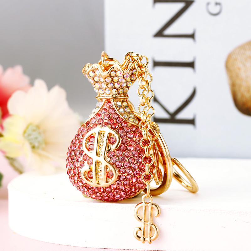Lucky Wealth Alloy Rhinestone Money Bag make Dollars Keychain Car Charm & Fortune Pouch Bag Pendant, Couple Key Chain Gift (Wholesale)