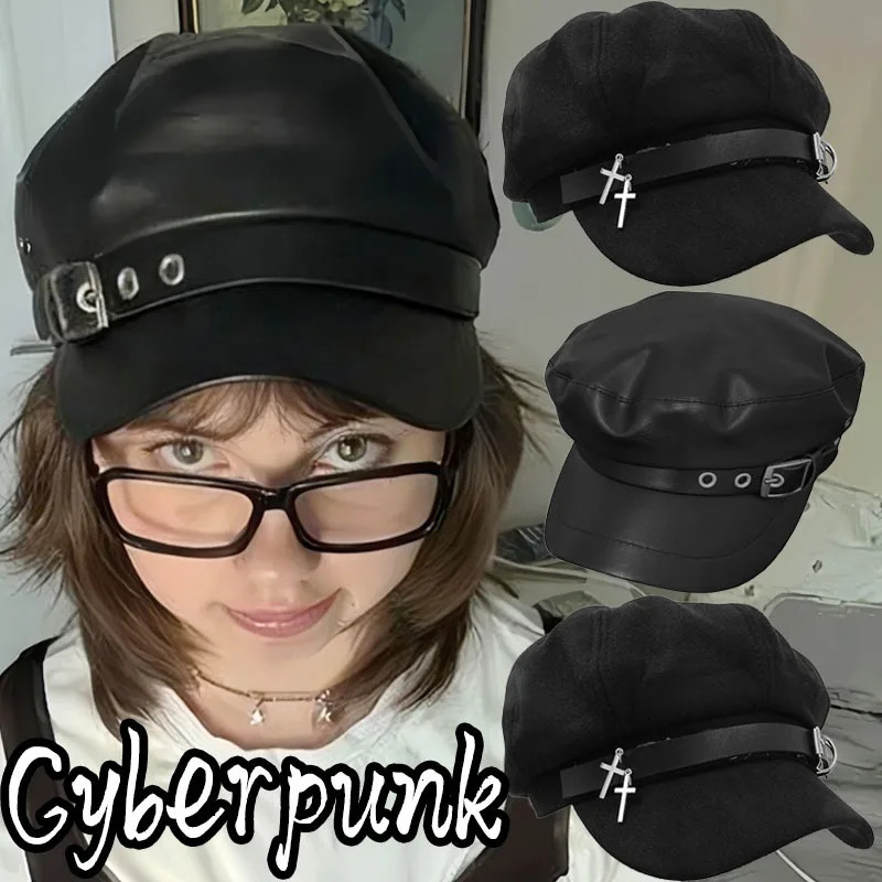 Y2K Punk Leather Beret Gothic Cross sboy Cap British Style Adjustable Cap Unisex Subculture Painter Hat Retro 251021