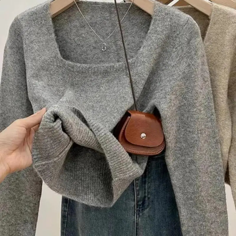 Square Collar Knitted Sweater Tops Women Autumn Winter Korean Solid Fashion Casual Long Sleeve Pullovers Ladies Clothing 251023