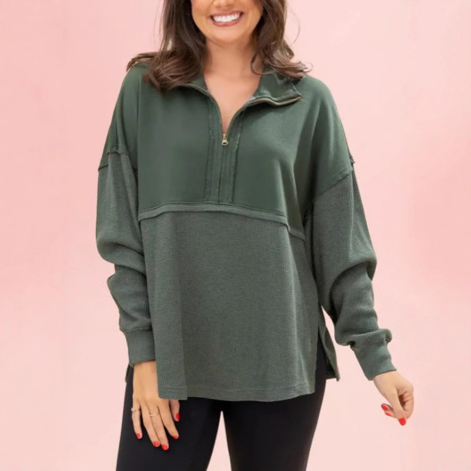2025 Autumn Winter New Solid Color Turn-Down Collar Sweatshirt Loose Simple Style with Zipper Long Sleeve Top for Women