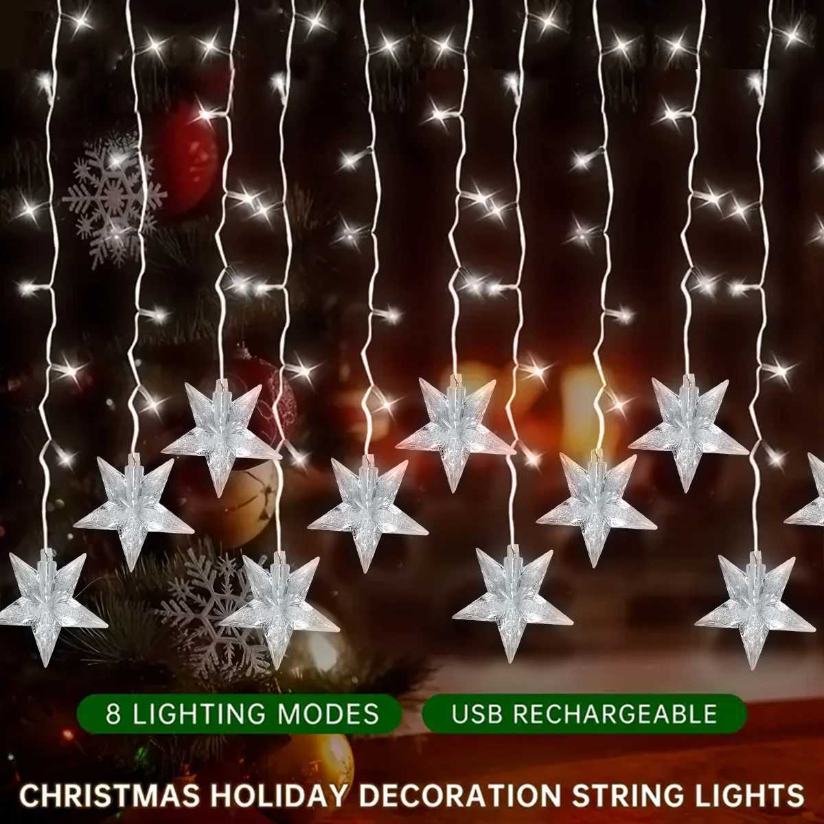 1pc 96 LED Star Icicle Curtain String Lights USB Powered 8 Modes Christmas Decorative Icicle Lights For Garden Patio Home Decor C251024