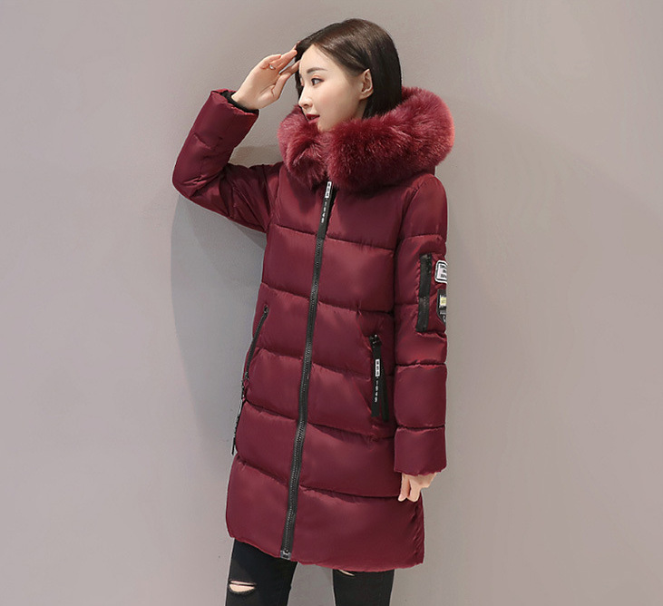 Women Fur Collar Down Jacket Parka Fashion Letter Patch Zipper Pockets Cardigan Design Long Jacket Elegant Slim Fit Warm Thick Female Coats Winter