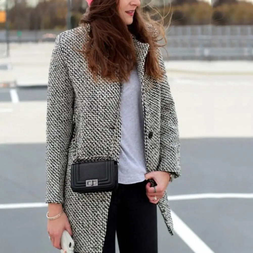 Plaid Women Woolen Coat Slim Fit Women Woolen Plaid Jacket Washable Single Button Long Sleeve Overcoat Lady Outwear Winter Coat 251020