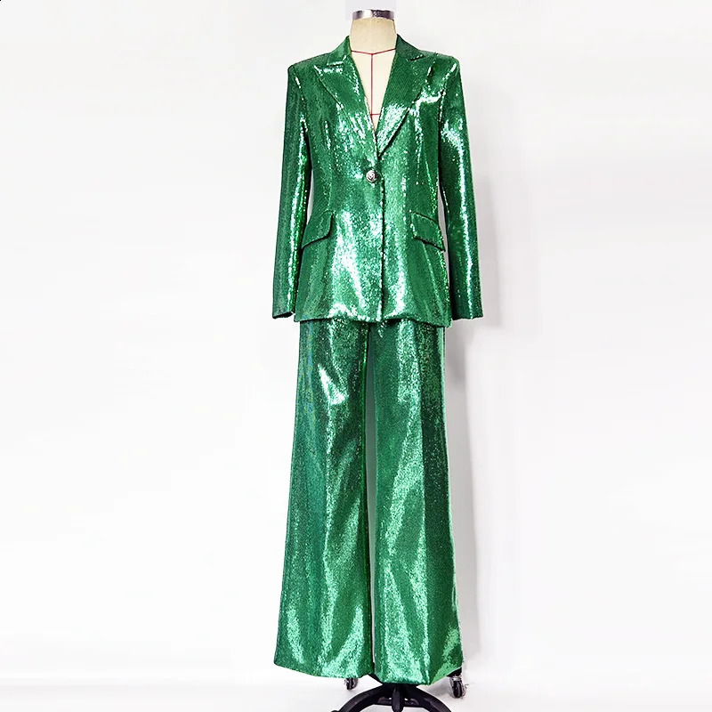 High Quality Green Shiny Sequin Pantsuits Blazer Straight Pants Set Party Evening Offic Work Wear Sequin Pants Set Outfits 251023