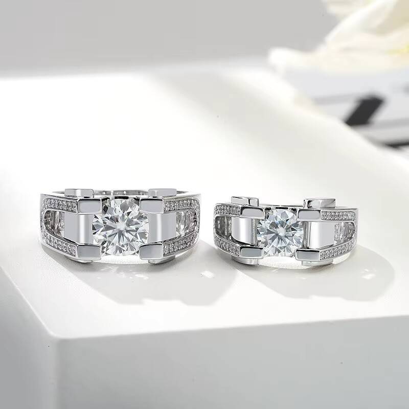 White Gold S925 Silver Rings DVVS1 Moissanite 1CT 2CT Round Shape Moissanite Stones Men Silver 925 Ring