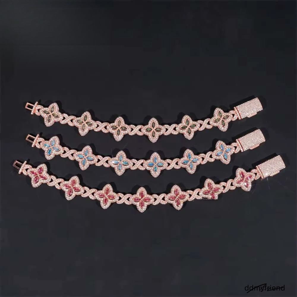 Rich Color Flower Design 18Mm Custom Iced Out Hip Hop Unisex Jewelry Cuban Link Chain Sier VVS Moissanite Bracelet Ddmyfriend