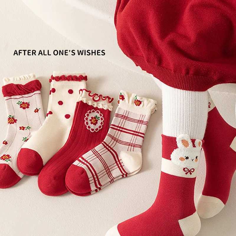 5 Pairs Cute Cotton Rabbits Children Girls Midcalf Socks Festival New Year celebration Letter Comfortable Soft Gifts Socks J251024