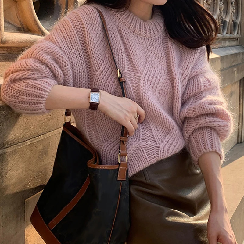 Coarse Yarn Knitted Sweater for Women Autumn Winter Lazy Style Stretch Twist Pullovers Vintage Solid Color ONeck Jumpers Mujer 251023