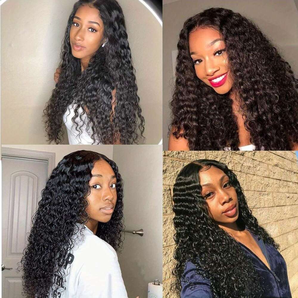 Human Front Wig Deep Wave 4x4 Lace Closure HD Transparent Wigs for Women 180% Density Brazilian Virgin Pre Plucked with Baby Hair Natural Black Color