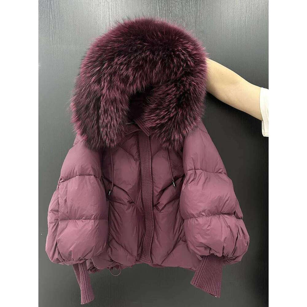Winter Natural Large Fur Collar Hooded Female Lantern Sleeve Warm Quilted Jacket Women Short White Duck Down Outwear Womens Coat