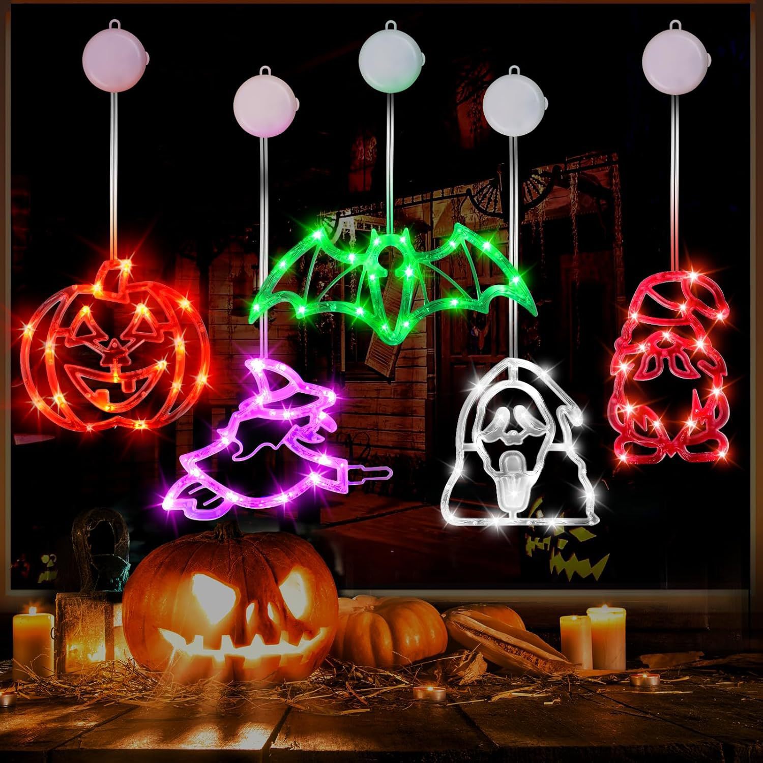 Halloween Suction Cup LED Lights, PVC Pumpkin/Witch/Bat/Ghost Face/Gnome Shaped Decorative Lights for Window Halloween Decoration160---WSJXP
