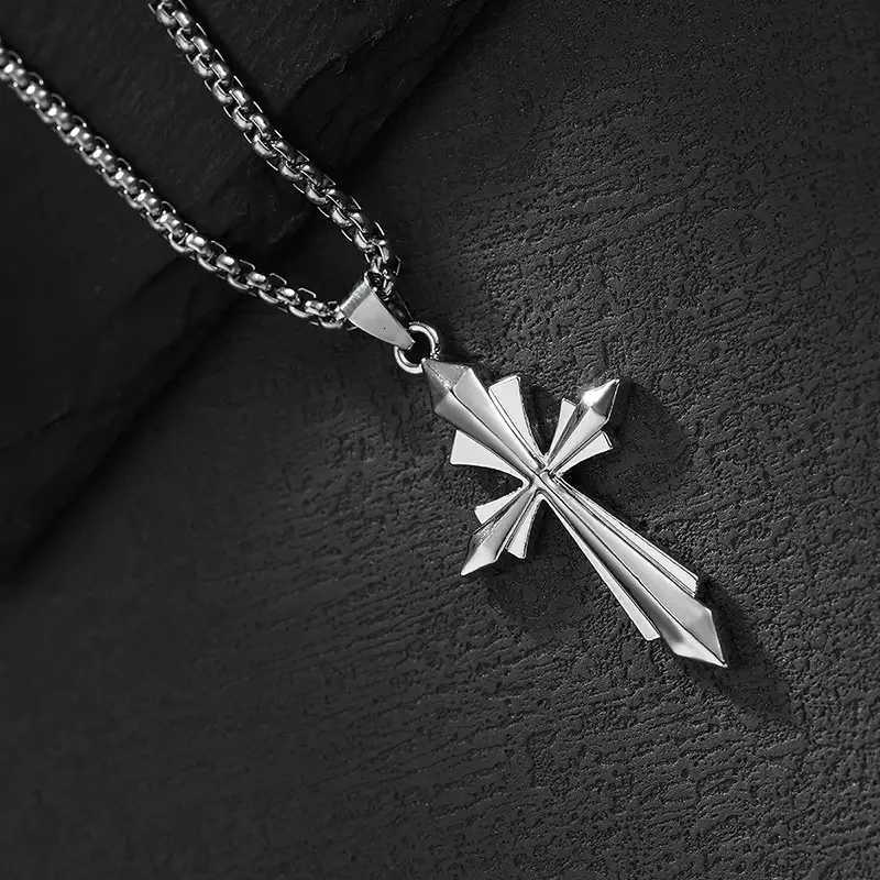 New simple geometric stainl steel cross pendant necklace punk hiphop style creative unisex Alloy sweater chainXJ251024
