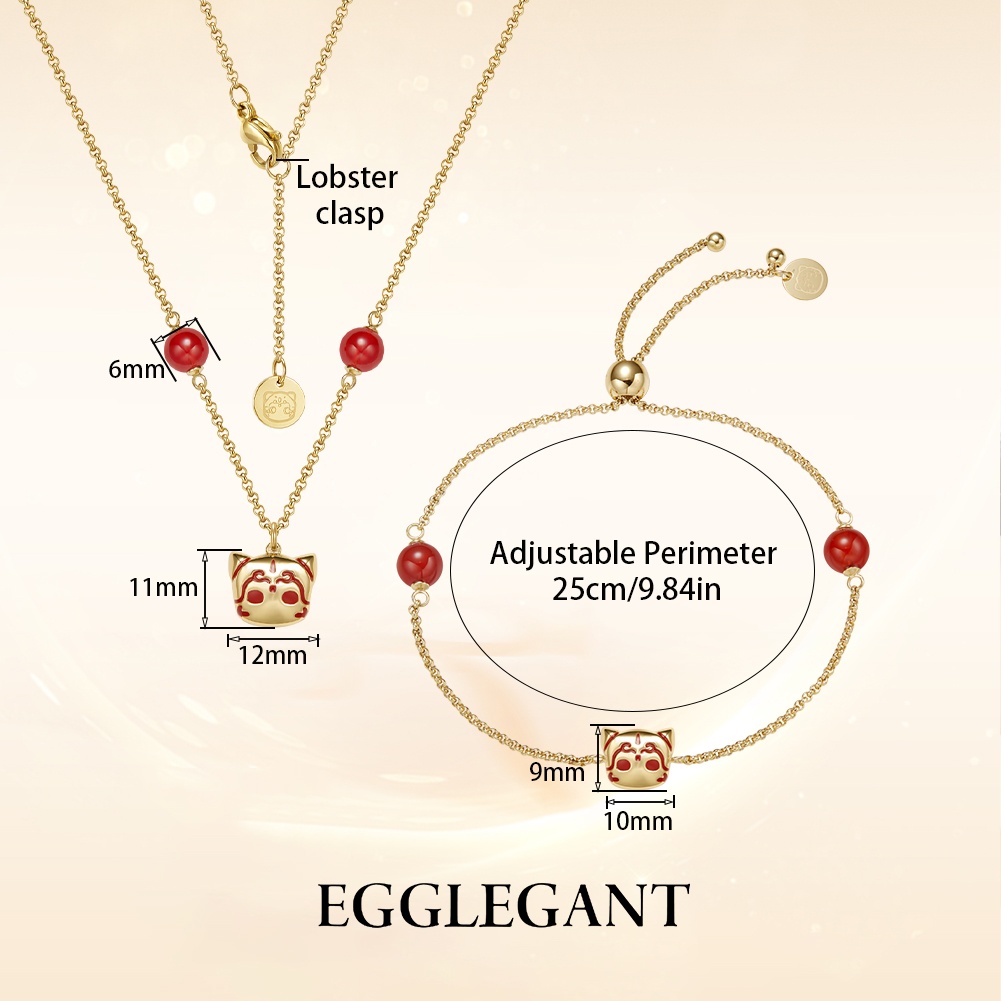 Women's Cat Necklace & Bracelet Set with Red Agate - Exquisite Design, Adjustable Chain, Dainty Jewelry Set for Daily Wear & Gift-EL22-31
