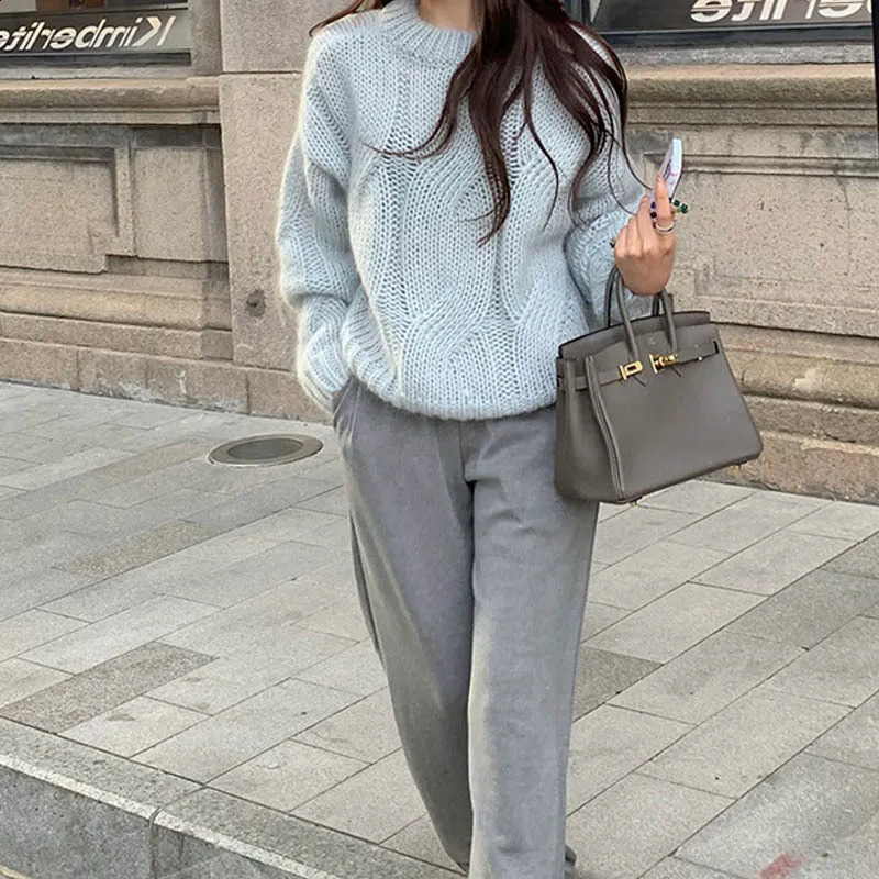 Coarse Yarn Knitted Sweater for Women Autumn Winter Lazy Style Stretch Twist Pullovers Vintage Solid Color ONeck Jumpers Mujer 251023