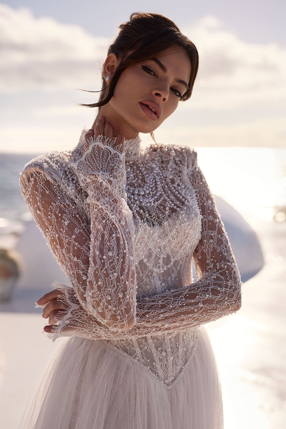 Luxury A Line Women Wedding Dress High Collar Long Sleeves Bridal Gowns Pearls Beaded Sequins Sweep Train Dress Customized vestidos de novia