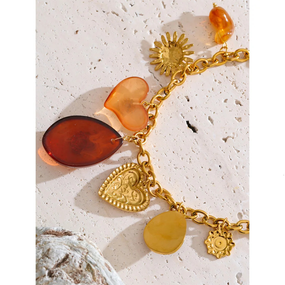 Yhpup Red Resin Oval Heart Sun Drop Necklace Golden 316L Stainless Steel Summer Charm Collar Jewelry Waterproof 2025 251016