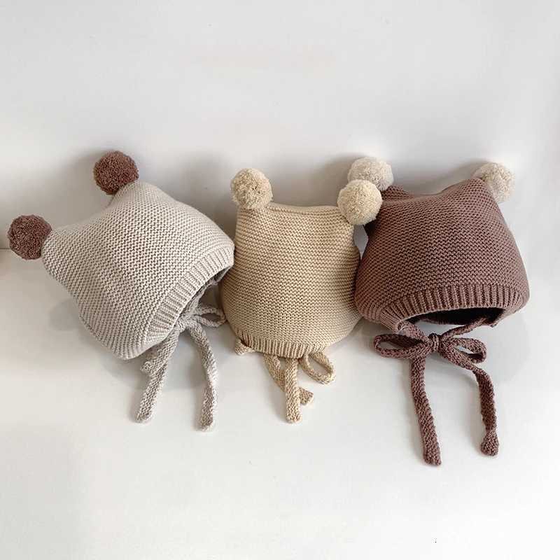 Cartoon Double Pompom Baby Hat Winter Warm Soft Knitted Kids Beanie Hats Solid Color Ear Protection Infant Children CapsL251024