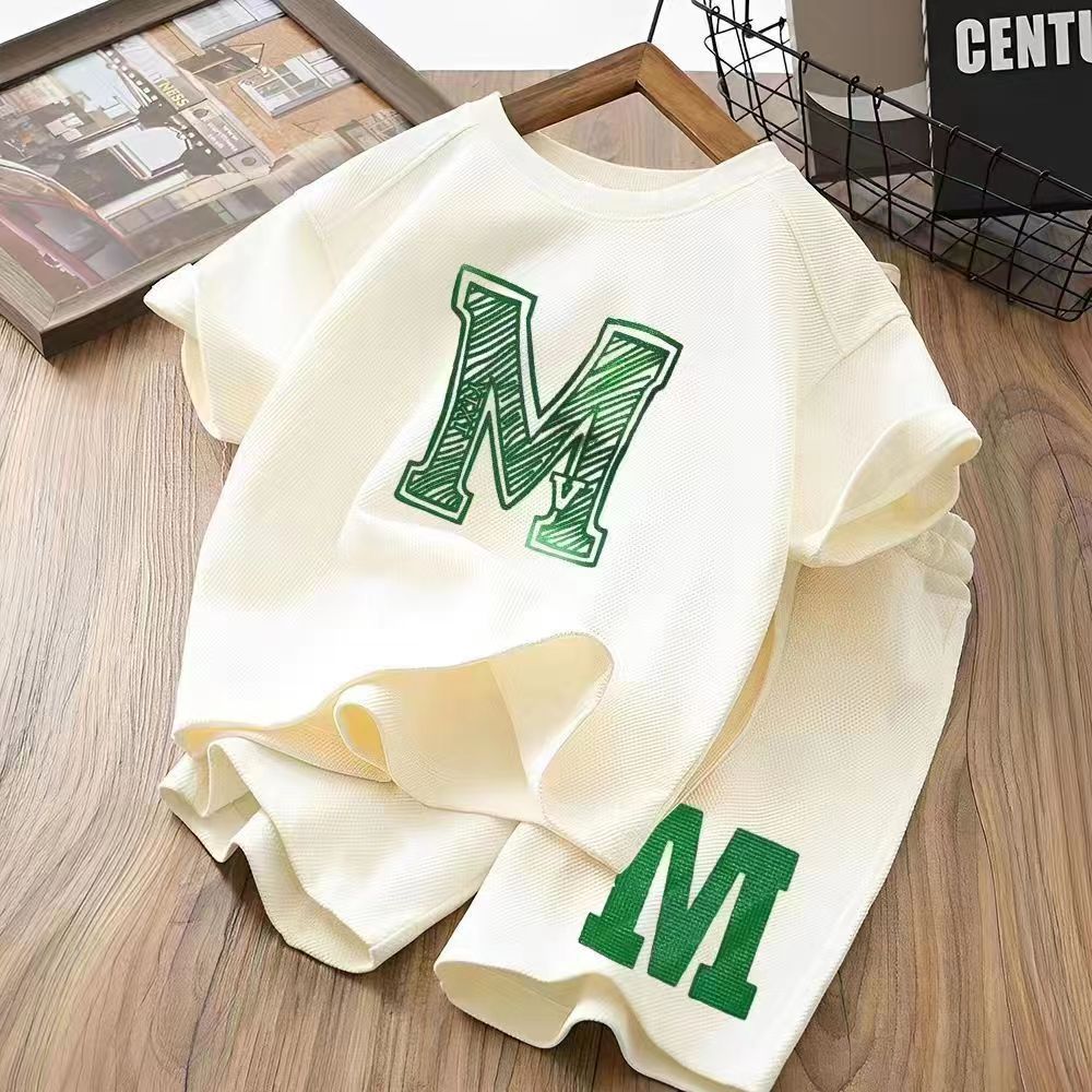 Free Shipping Boys Short Sleeve Set 2025, Loose Fit Comfortable and Breathable Summer Outfit, Fashion Printed Casual Two-Piece