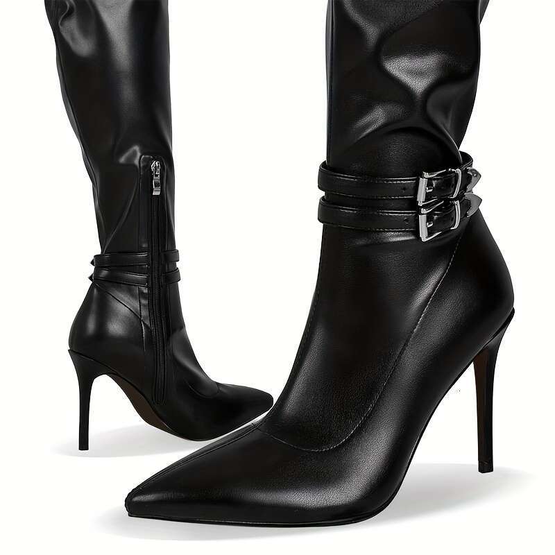 Bold Design Elegant Black Over-The-Knee For Women Sleek Pointed Toe With Side Zipper, Stiletto Heel, Faux Cover, Fabric Lining, PU Sole - Non-Washable