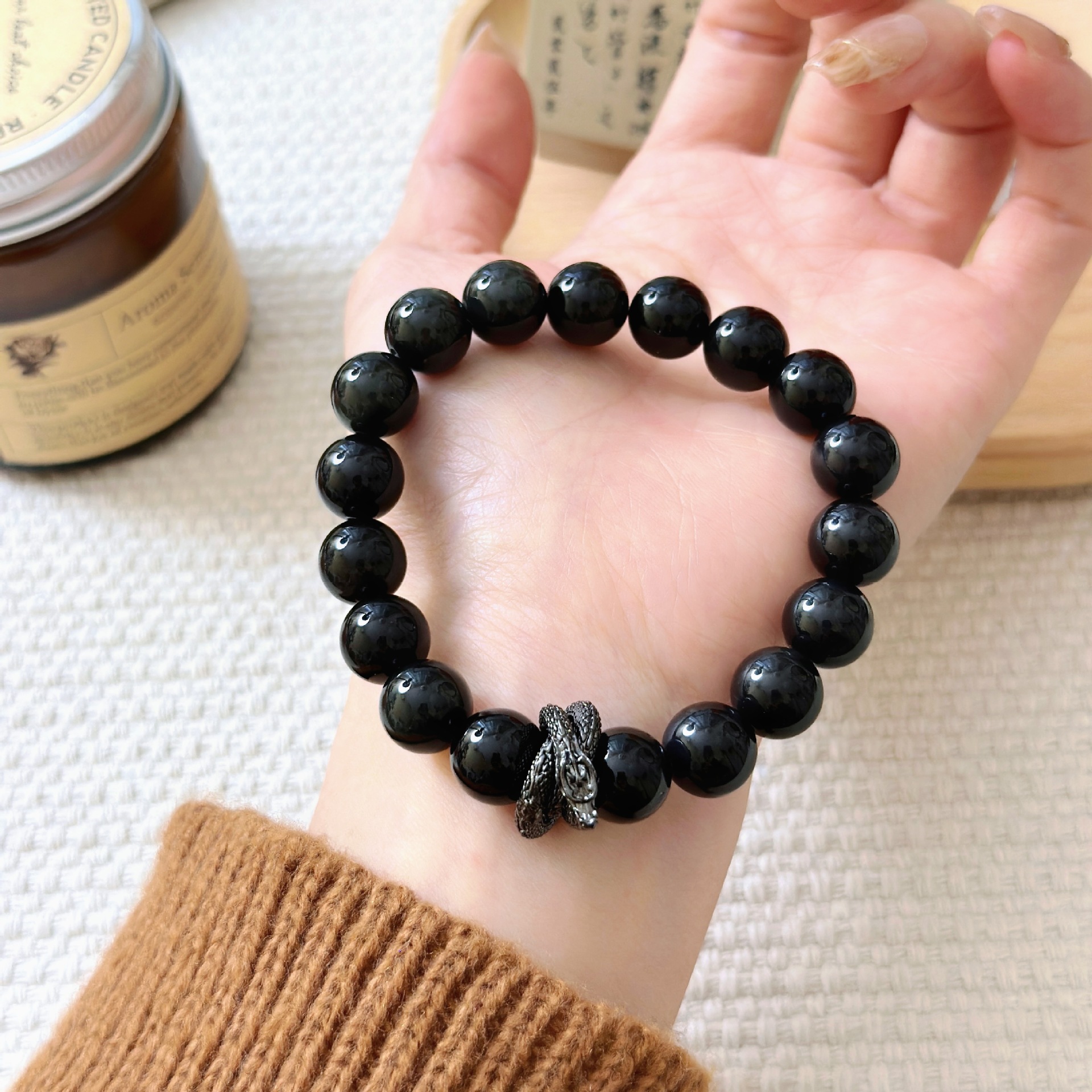 Retro Unisex Zodiac Sign Charms Handmade Obsidian Wristband with Lucky Symbols